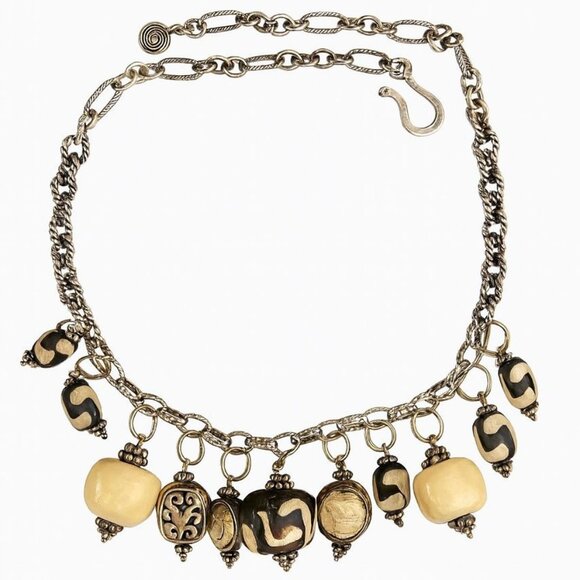 Statement African Batik Bone Bead Necklace Tribal 925 Silver Chunky Boho - Picture 5 of 5